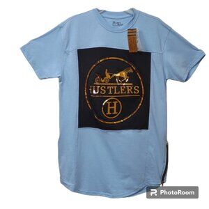 Bleecker & Mercer "Hustler's" Raised Gold Graphic Blue SS Tee Side Zip Vents NWT